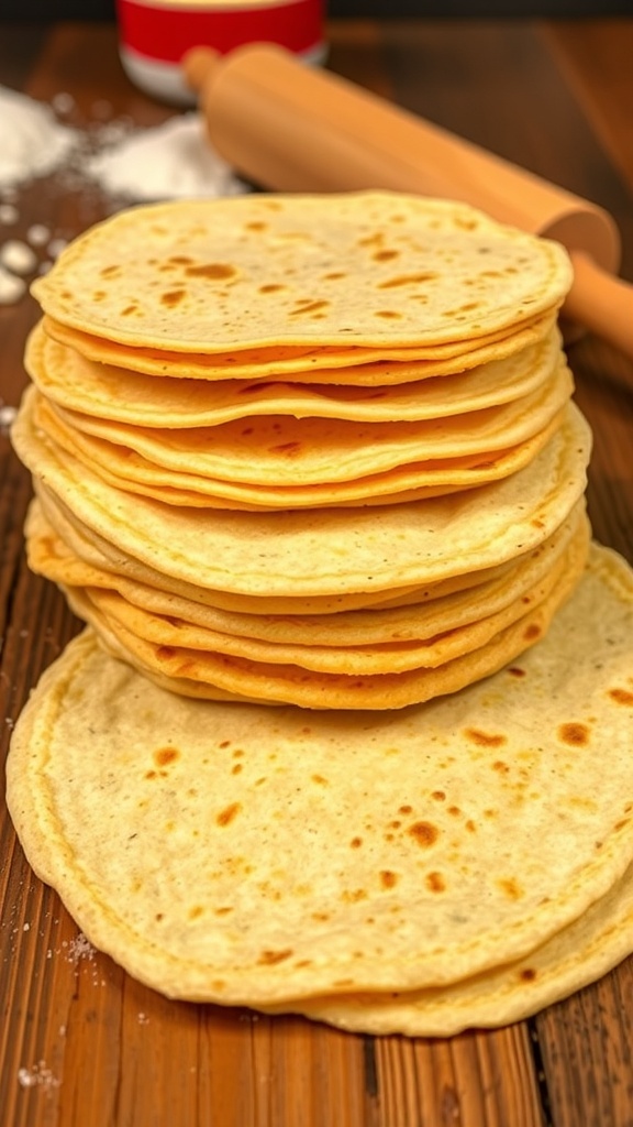 Freshly made corn tortillas stacked on a wooden table, with masa harina and a rolling pin nearby.